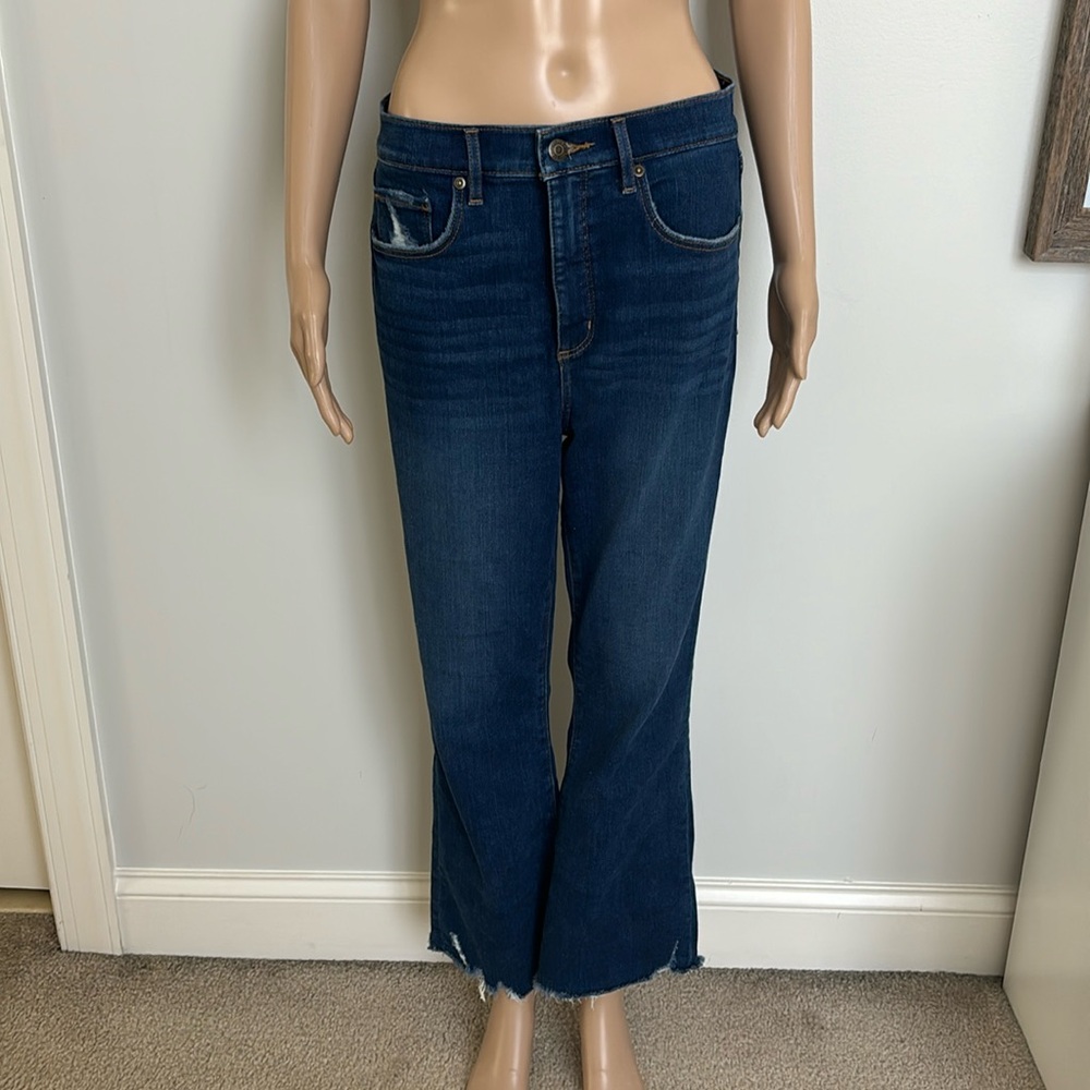Loft kick flare raw hem dark wash jeans